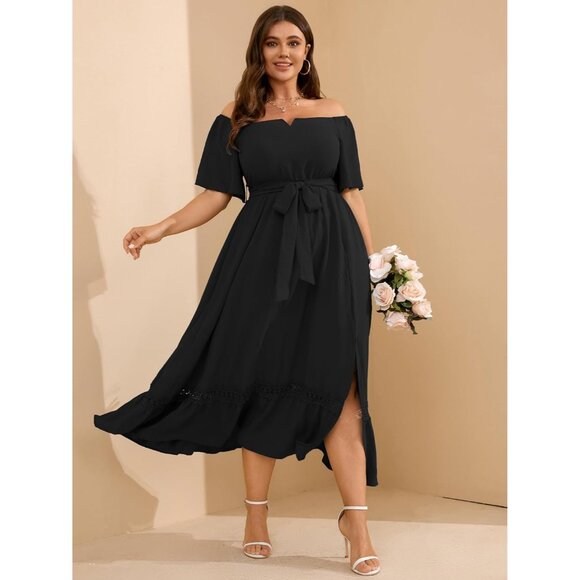 Women's Plus Size Maxi Dress Off Shoulder V Neck Wedding Guest Formal Dress - Picture 6 of 7